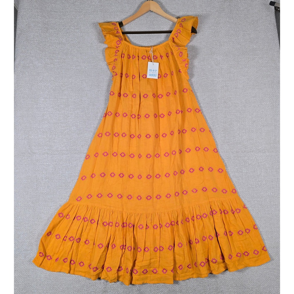 Mer St. Barth Eva Ruffle Dress Marigold Pink Embroidered‎ Midi Womens Medium NEW